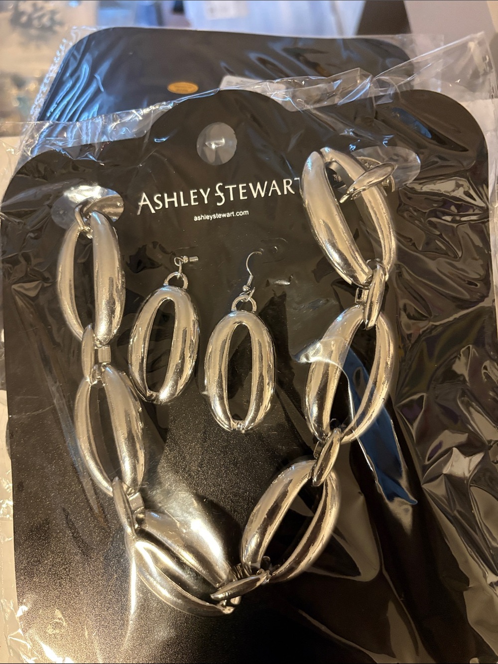 Ashley Stewart Silver Oval Link Necklace with Matching Drop Earrings